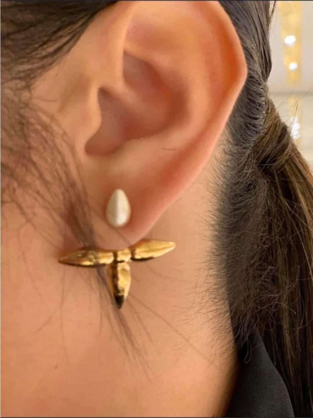 Gold Drop Cluster Stud Earrings with Pearl Accent